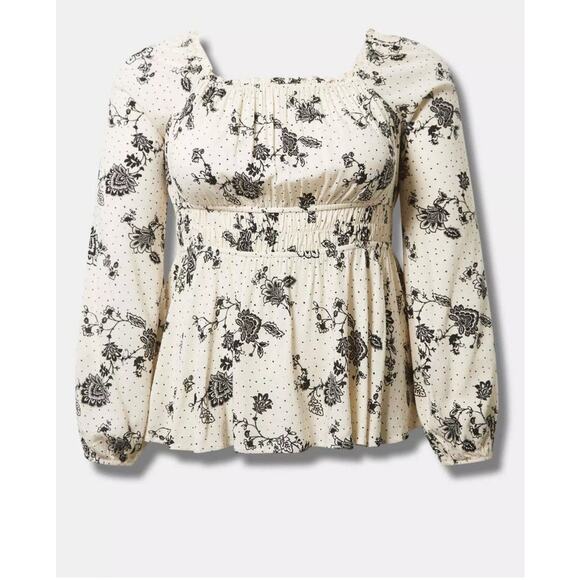 Torrid Peasant Blouse Size 2 Smocked Waist Long Sleeve Floral Black White - Picture 5 of 10